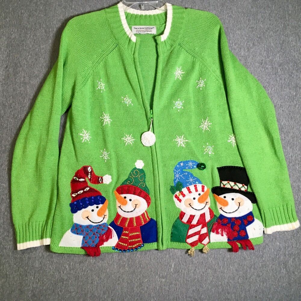 VTG 90s Tiara International Green Ugly Christmas Snowman Beaded Cardigan Sweater